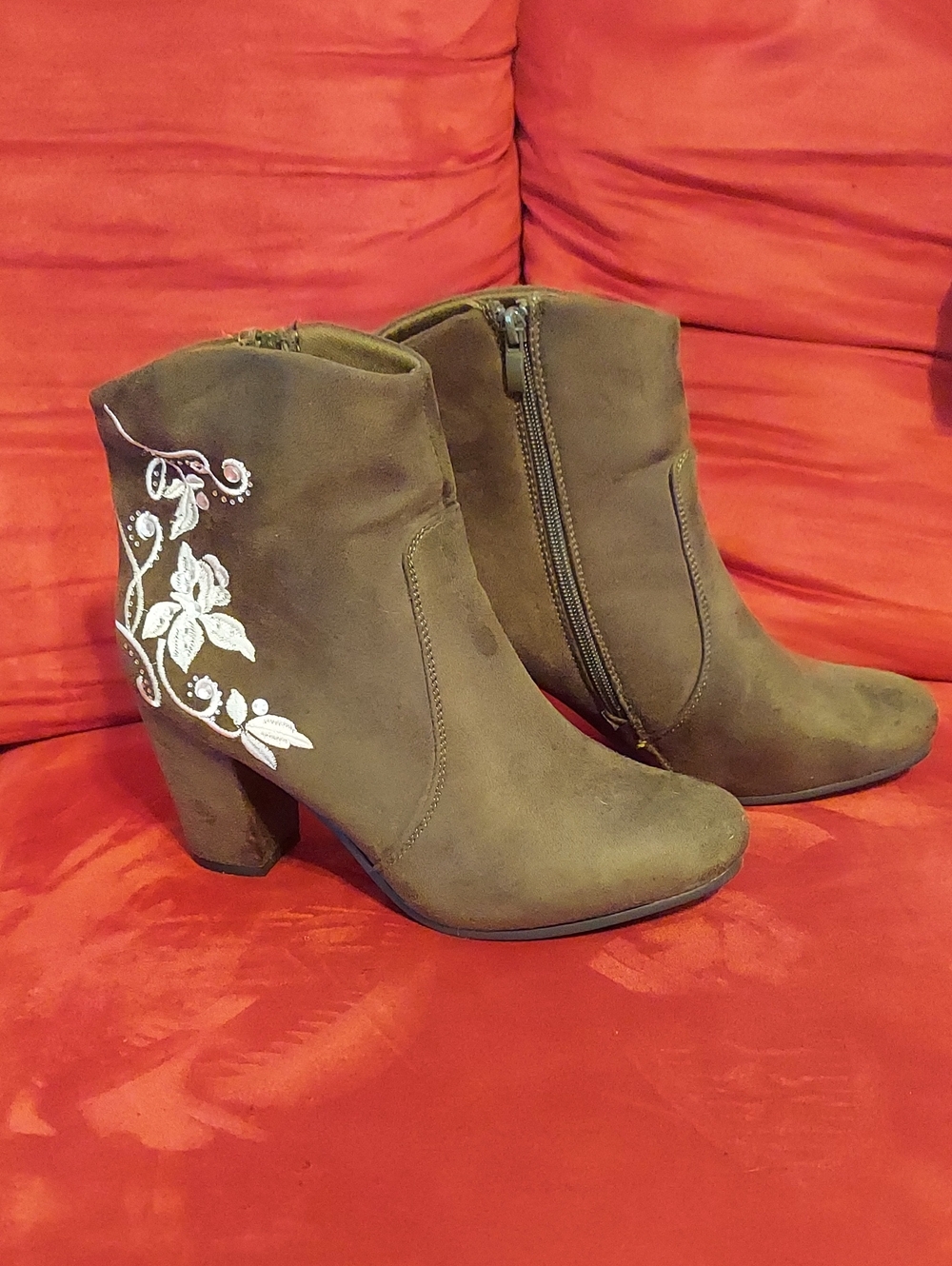 Women’s Brown Suede Ankle Booties with Decorative Butterfly Accents